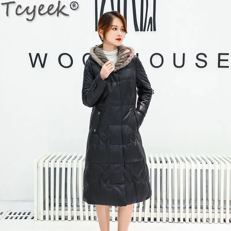 Tcyeek Genuine Leather Jacket Women 90% White Duck Down Jackets Mid-long Sheepskin Coat for Woman Mink Fur Collar Winter Clothes