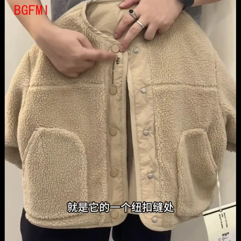 2026 New Girl BOY beige Reversible Sherpa Jacket Thickened Plush Floral  Coat for Autumn/Winter Double-Sided Wear Kids Outerwear