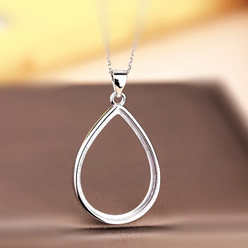 

100% Sterling Silver 925 Pendant White Gold Color 18x25mm Pear Cabochon Semi Mount Pendant Trendy Fine Jewelry DIY Stone