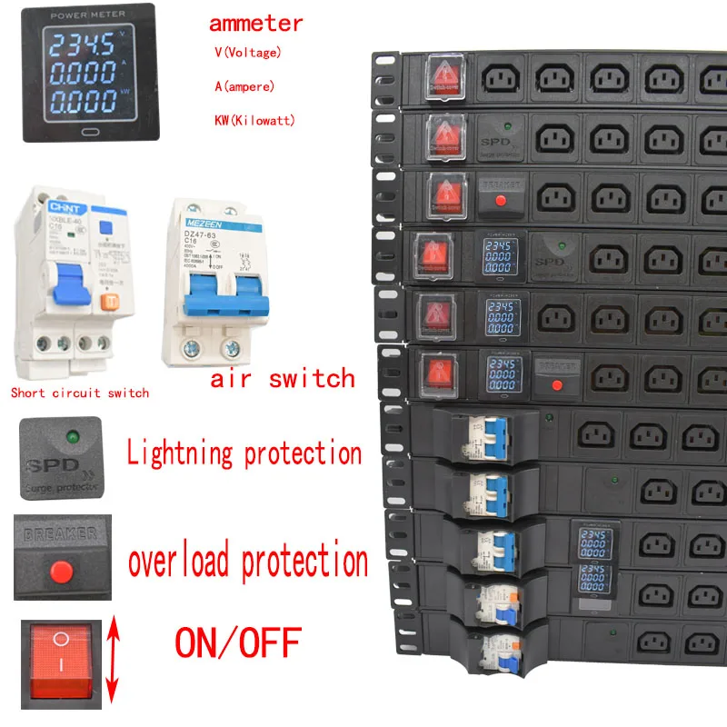 Imagem -02 - Polegadas Pdu Spd Ammeter Proteção contra Sobrecarga Interruptor de ar Interruptor Curto Circuito Módulo Tira Potência Iec320 C13 Saída C14 Plug 19