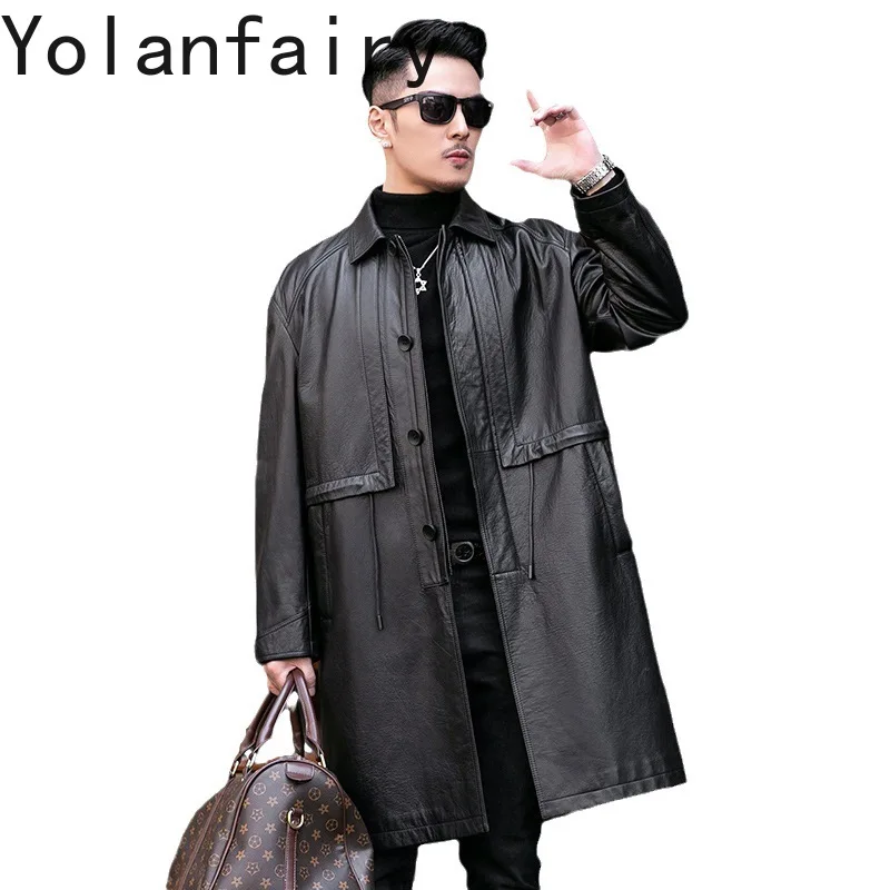 

YOLANFAIRY Genuine Leather Cowhide Mens Clothing Autumn Coats Long Trench Coat Dropped Shoulders Style Drawstring Deri Ceket