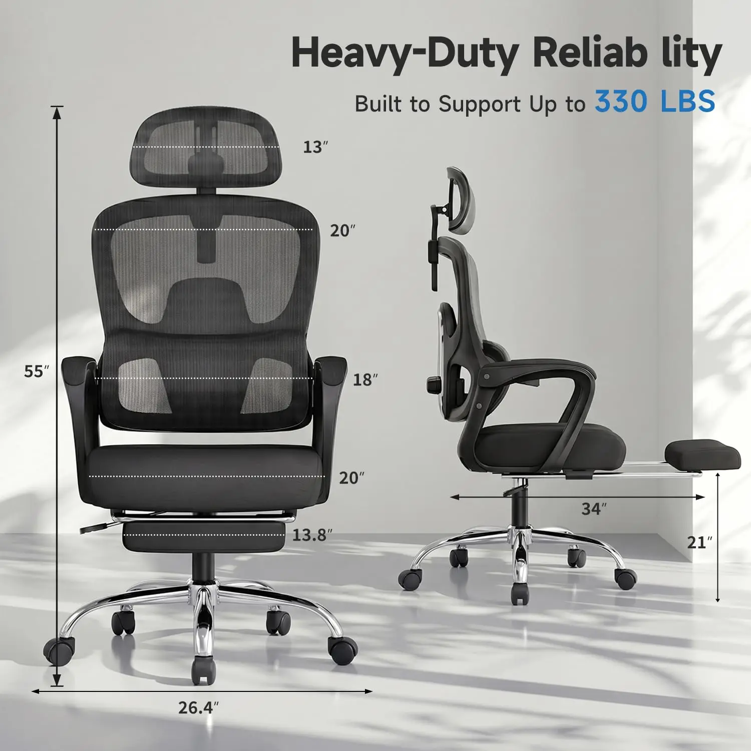 Adjustable Lumbar Support & Headrest, High Back Mesh Computer Chair for Home Office/Gaming, 350lbs Capacity
