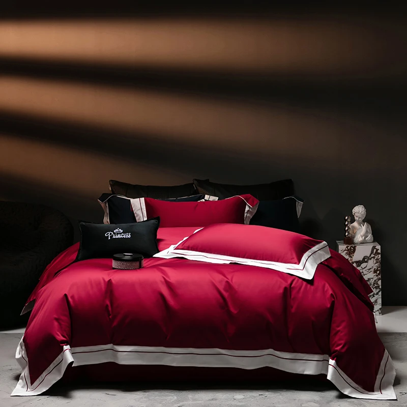 Red Wide Edge Design Solid Color Design Cotton Bedding Set Duvet Cover Linen Fitted Sheet Pillowcases Home Textile