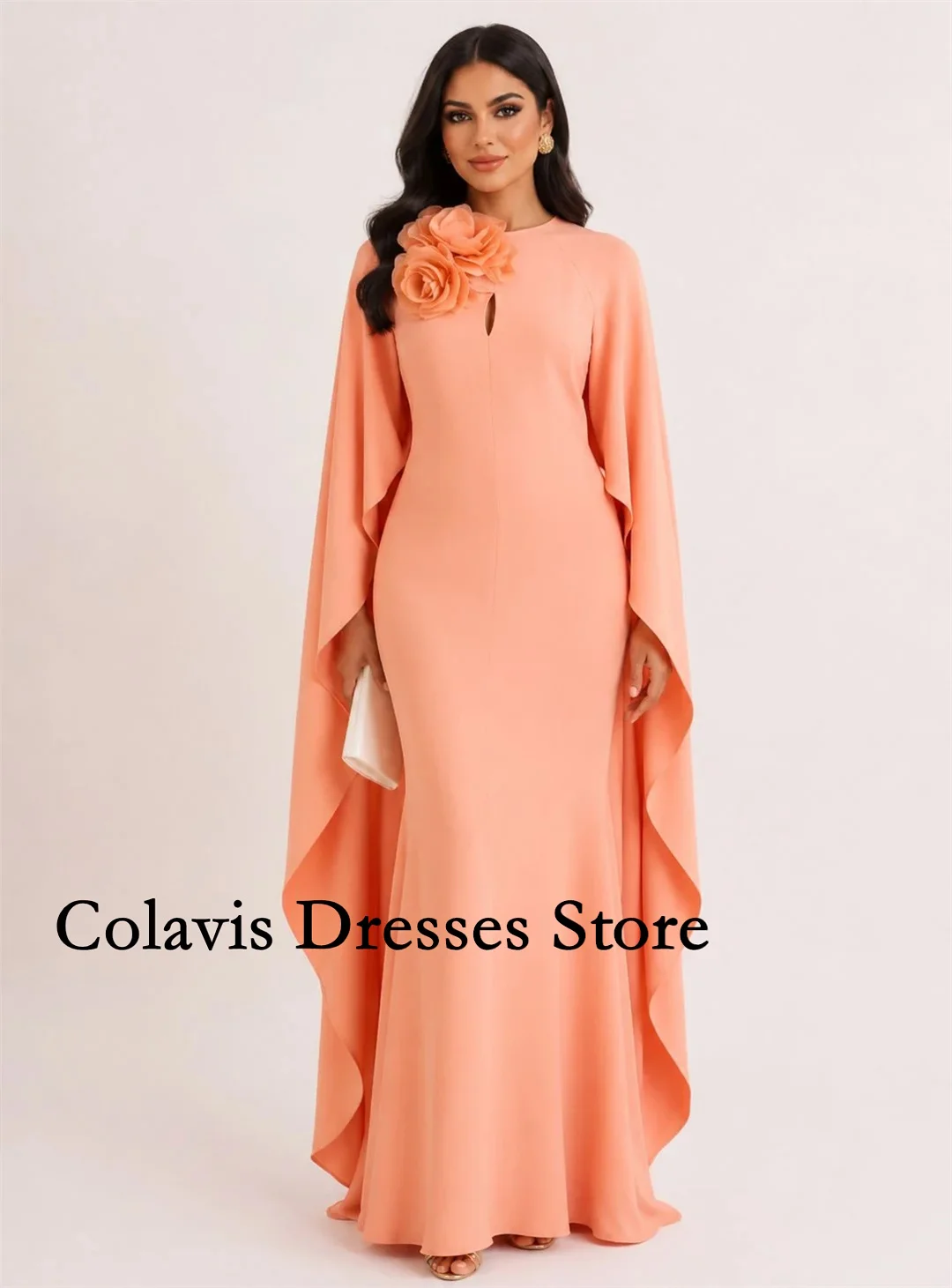 Coral Orange Evening Maxi Dress Keyhole Neck 3D Floral Applique Flowy Cape Sleeve Formal Wedding Guest Bride Party Gown