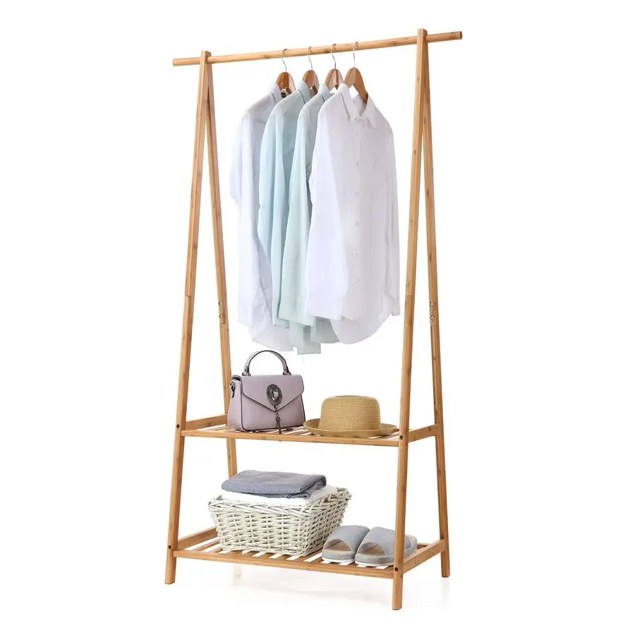 

Bamboo Clothes Rack Portable Extra Large Garment Rack 2Tire Storage Box Shelves For Entryway and Bed Room Patented Design