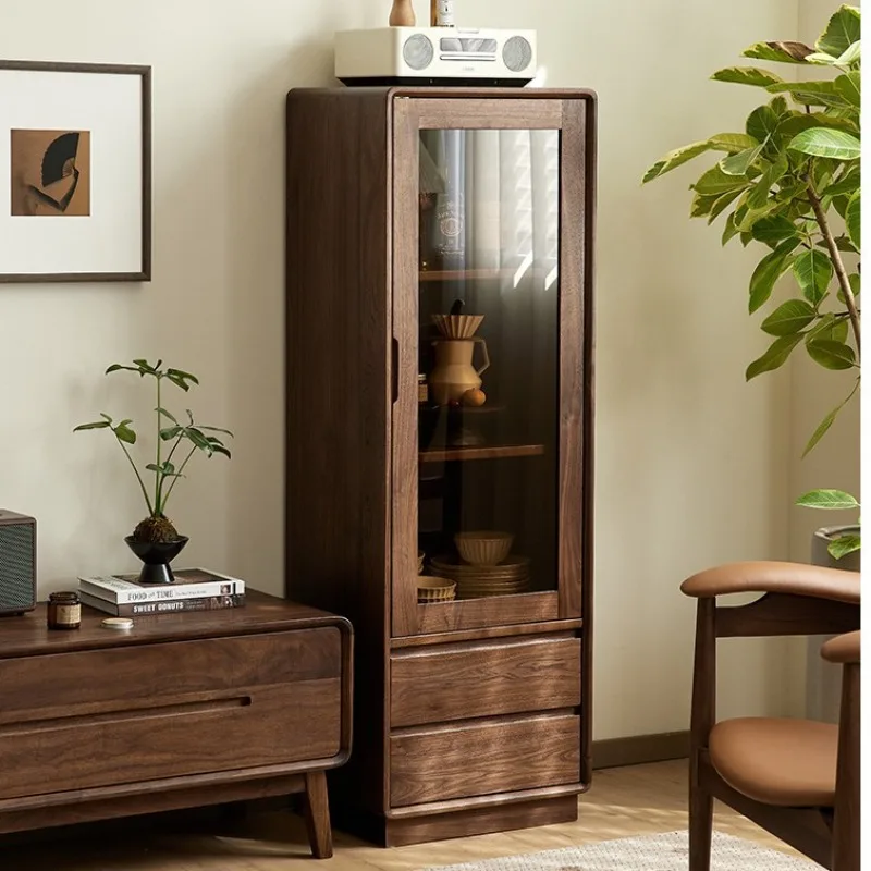 North American black walnut wine cabinet, cherry wood Nordic simple solid wood vertical cabinet,  glass display storage