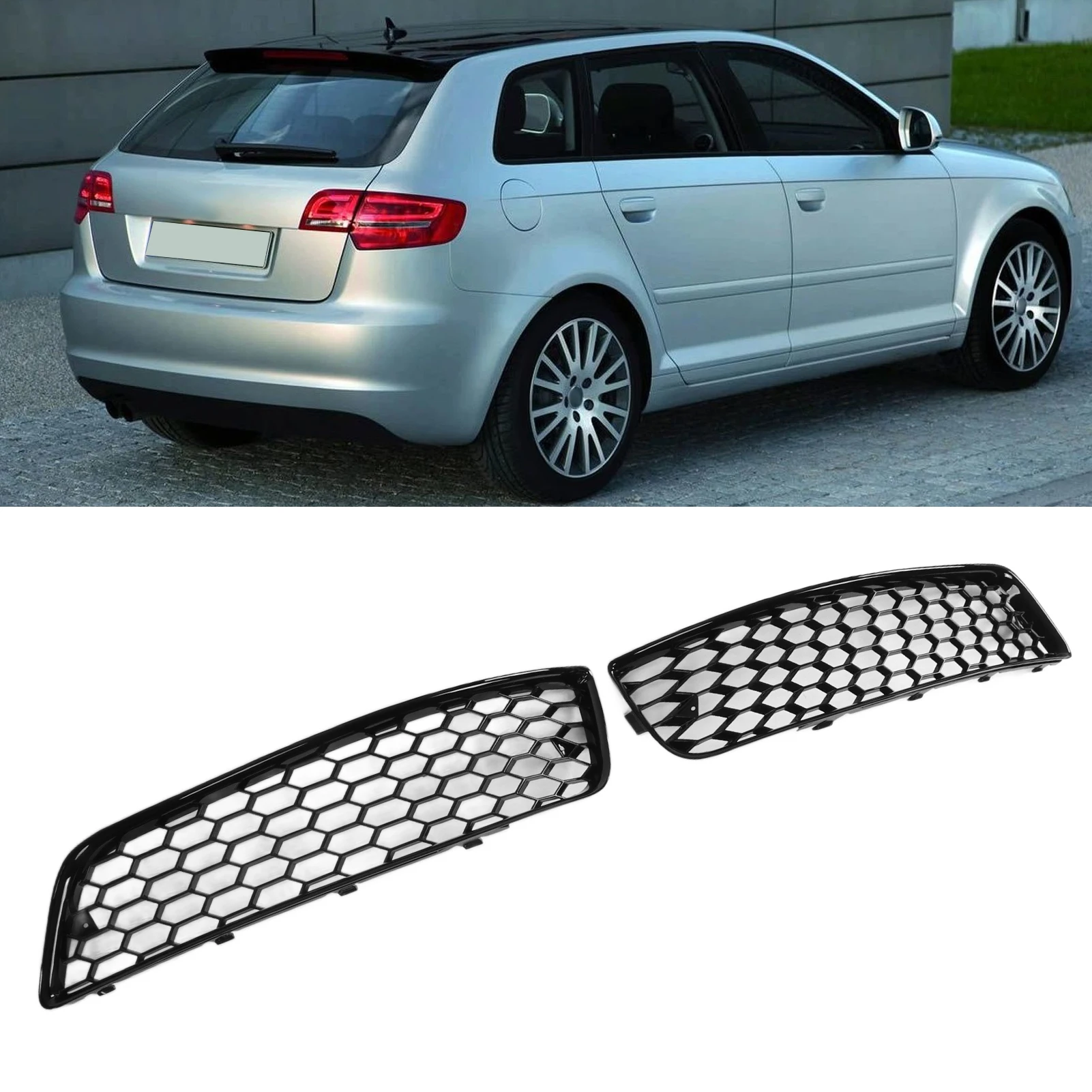 2Pcs ABS Gloss Black Front Bumper Fog Light Grille Cover Trim Fitit For Audi A3 8P 2009‑2013 8P0807681D 8P0807682D