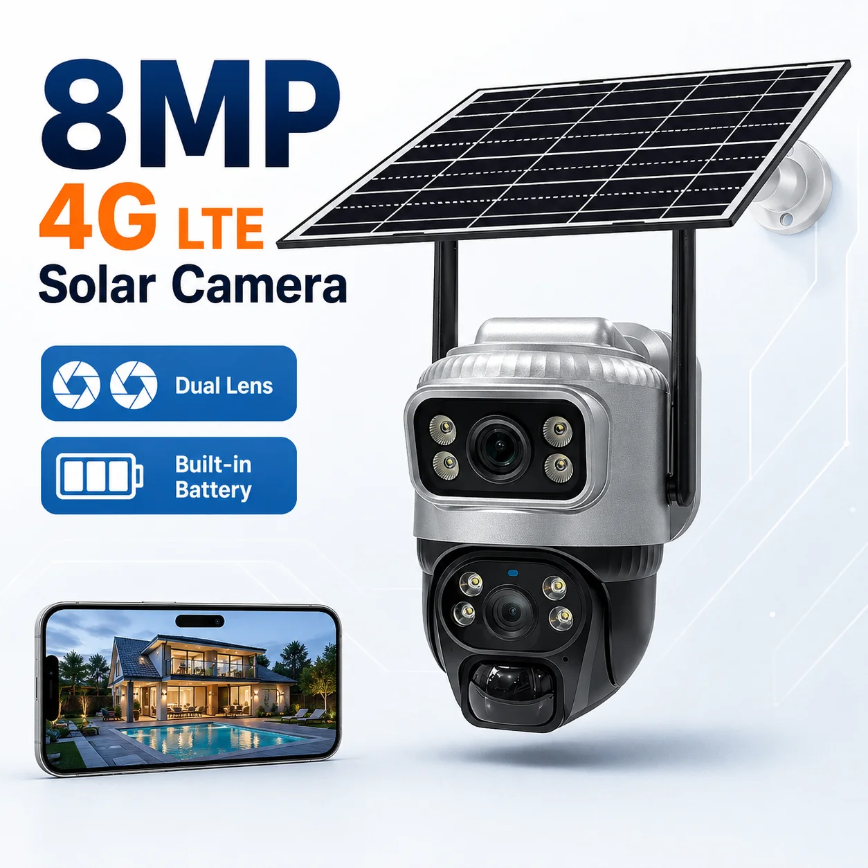 4G LTE Security Camera Outdoor, V380 Pro 8MP 4K Dual Lens Wireless IP CCTV, Waterproof Surveillance Cam with Night Vision