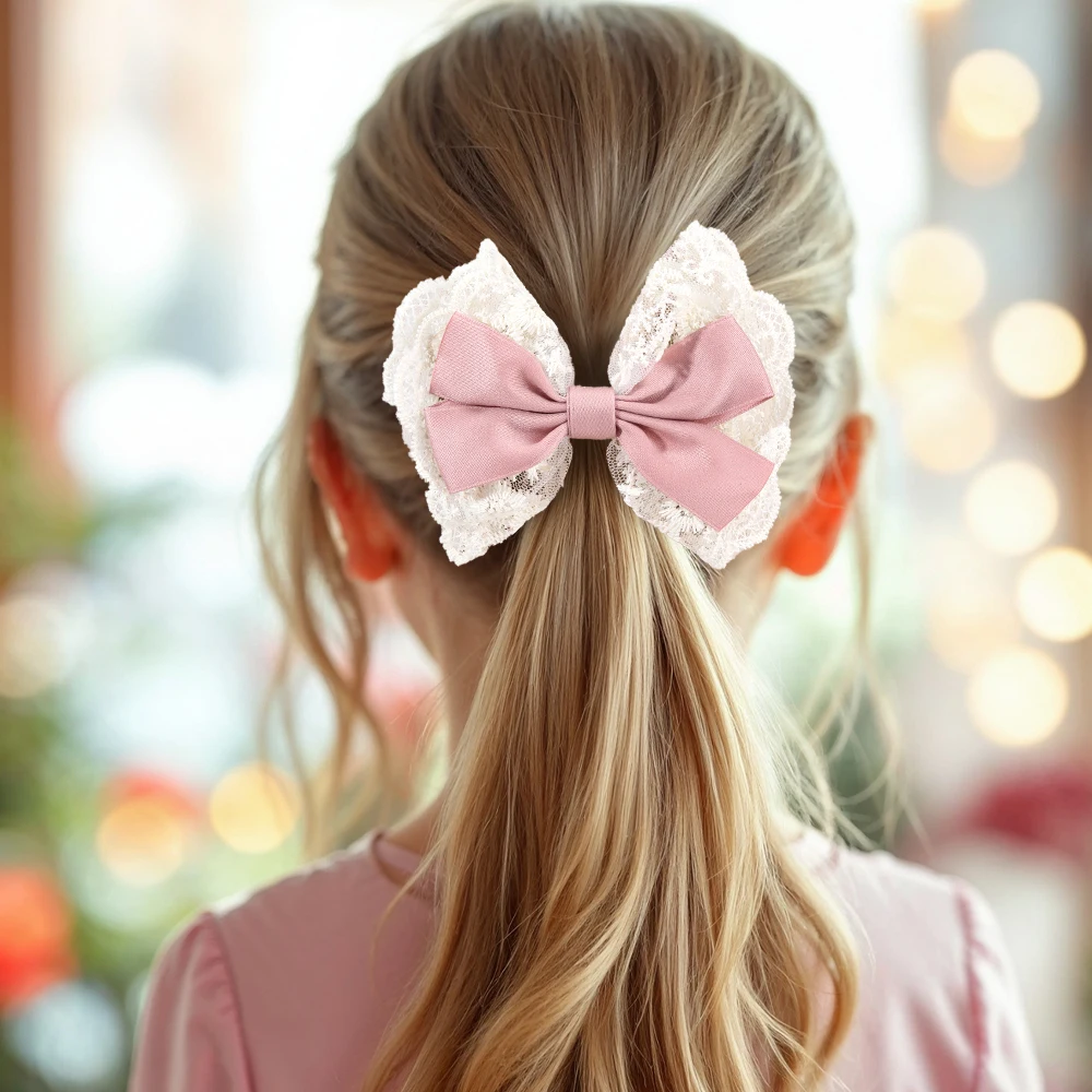2Pcs Sweet Pink Bow Hair Clips Lace Flower Embroidery Hairpins For Girls Children Kids Elegant Korean Headdress Hair Accessories