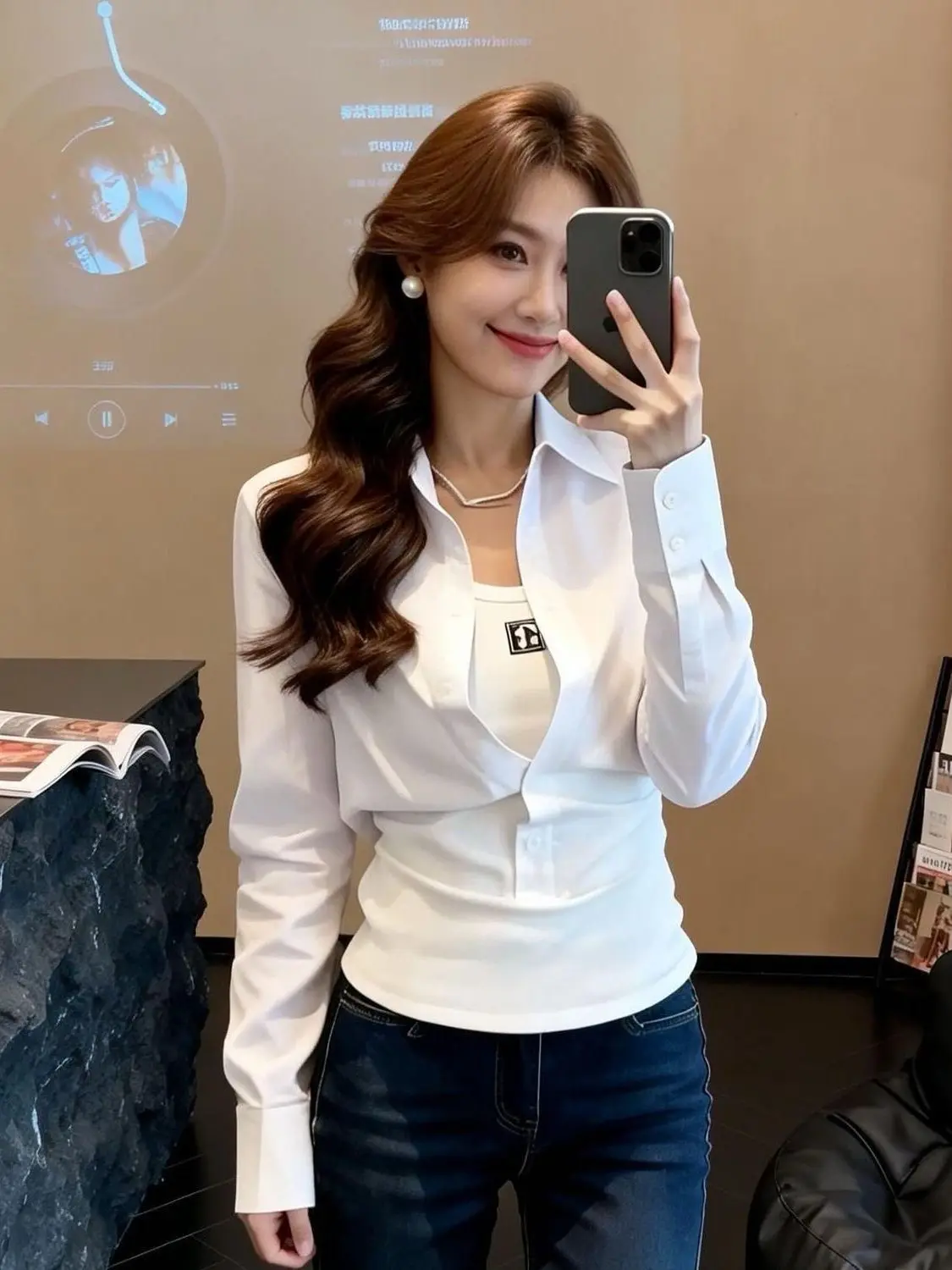 

Elegant Long Sleeve Women's Top Unique Design Fashionable Korean Style Commute Wind Slim Fit Collar Button Detail