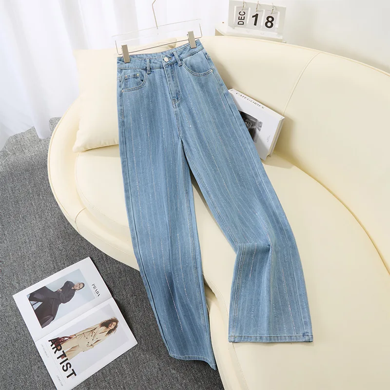

Light Color Rhinestone Striped Straight-Leg Jeans for Women, Autumn Versatile Slimming Floor-Length Narrow Wide-Leg Pants