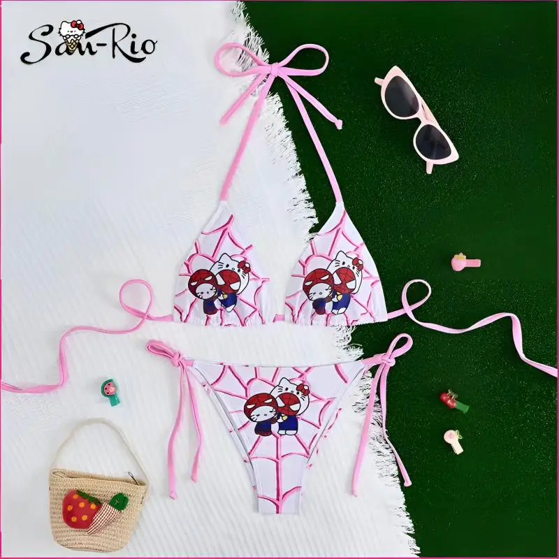 

Hello Kitty Bikini Set Sexy Bikinis 2024 Cute High Waisted Lace Up Swimwear Woman Bathing Suit Women Swimsuit Set for Beach