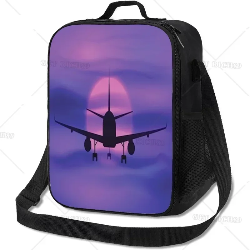 Airplane/Plane in Dreamy Sunset Sky Pattern Insulated Lunch Bag for Women Men Office Work Reusable Portable Lunch Box with Strap