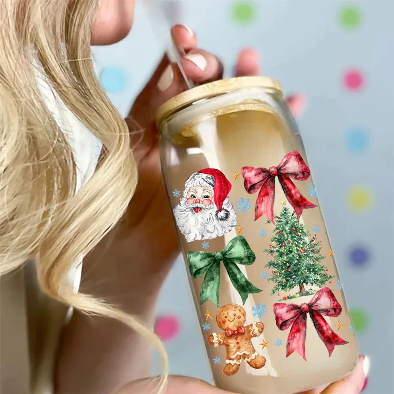 Merry Christmas Santa Claus UV DTF Transfer Sticker Libbey 16oz Glass Cups Wraps Coffee Mug Decals Xmas Party Home Decorations
