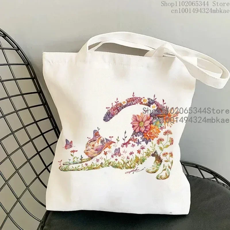 Cat and Flower Handbag Women Vintage Aesthetics Kitten Design Shopping Bags Teenager Girls Reusable Tote Bag Female Shoulder Bag