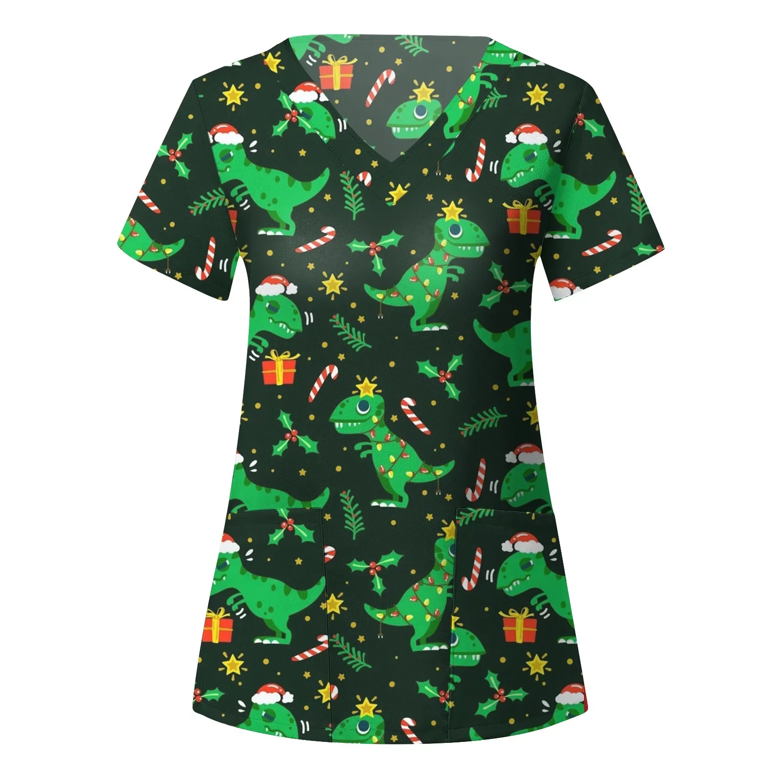 Surgical Uniforms Woman Dinosaur Cartoon Print Health Care Nurse Tops V-Neck Micro-Stretch Short Sleeve Clinical Uniform Woman