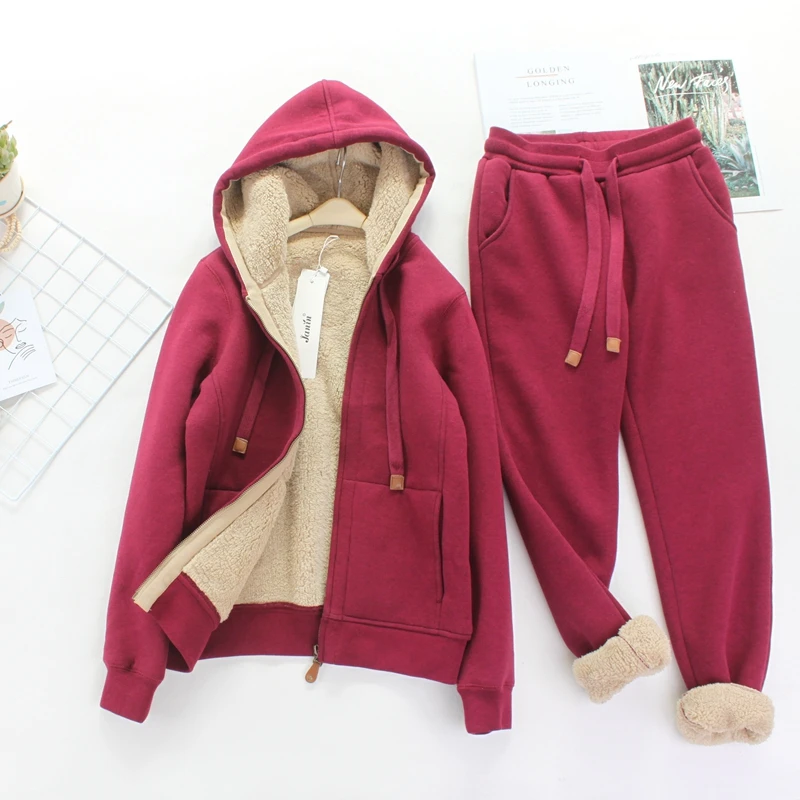 

Plus Velvet Thickened Simple Thin Sleeved Hooded Short Coat Sweatpants New Sporty Casual Suit Winter Artificial Lamb Wool