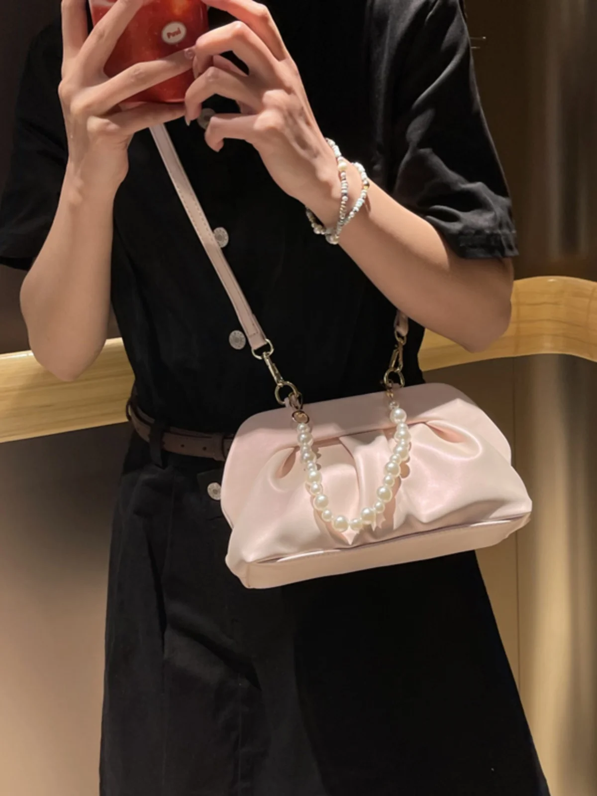 Silver Crossbody Bag for Women Summer Pu Leather Pleated Casual Versatile Beading Handbag Ladies Simple Cluth One Shoulder Bags