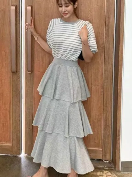

Chic Summer Anti-Aging Color Blo Stripe Cake Skirt Dr Women's ort Sve Splice Design Dr Ele Faionable Dr