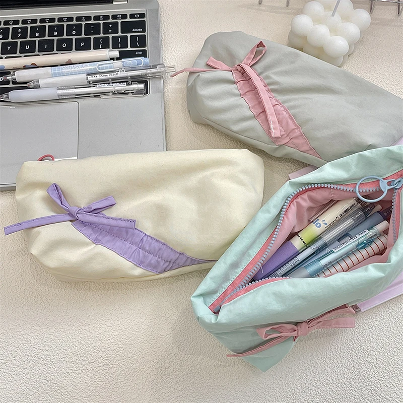 Trousse à crayons en tissu Simple Style Ins, sac de maquillage à nœud papillon, sac de rangement de grande capacité, pochette de papeterie, fournitures scolaires, cadeau pour filles