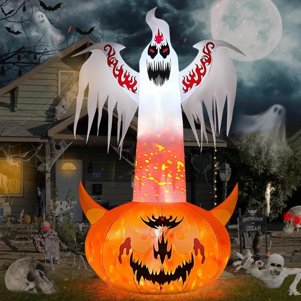 

8FT Halloween Inflatables, Blow Up Yard Decorations with Scary Red Eye Pumpkin Ghost Built-in LED Lights, Halloween Inflatables