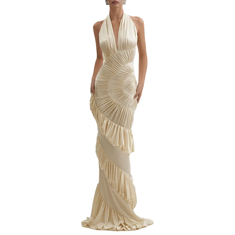 TWOTWINSTYLE Sexy Afslanken Gesplitste Ruches Plooien Elegante Lange Jurken voor Vrouwen Halter Mouwloze Temperament Jurk Vrouwelijke Nieuwe - afbeelding 2