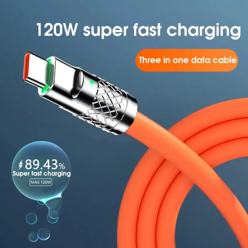 3in1 120 واط 6A شحن سريع نوع C مايكرو USB كابل آيفون سامسونج هواوي شاومي LED شاحن الهاتف سيليكون سلك بيانات السلك