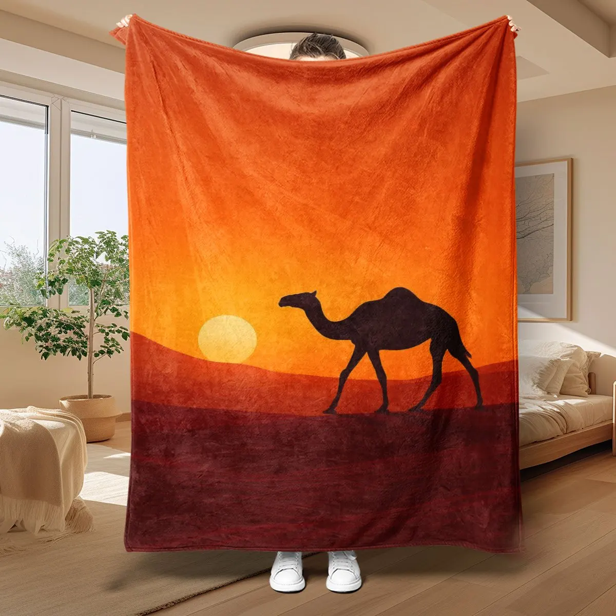Bohemian Camel Sunset Print Throw Blanket Large Fleece Decor 150x200cm Orange Boho Desert Safari Style Gift for Home