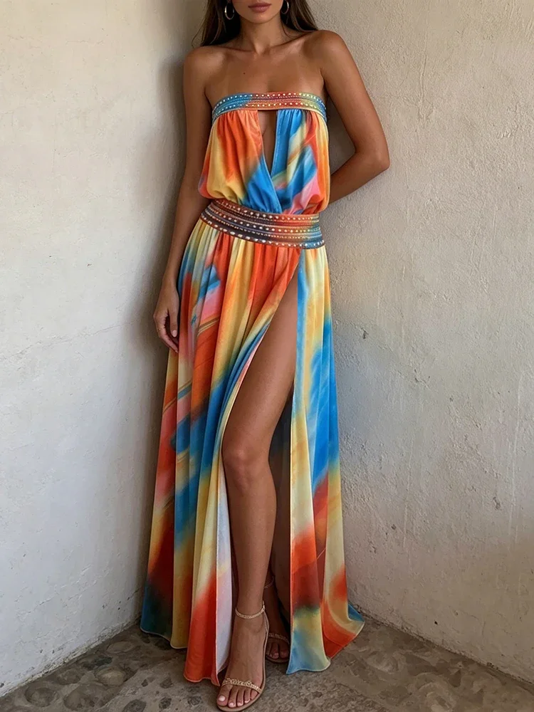 Weird Puss Colorful Print Dress Woman Sexy Wrap Chest Backless High Splits Summer Holiday Beach Party Elegant Style Long Bodycon