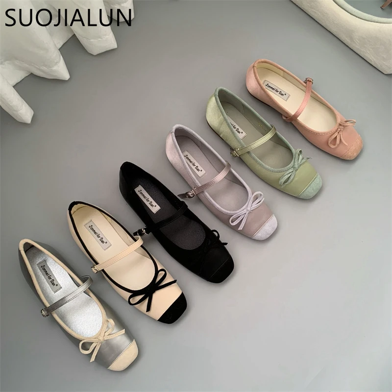 SUOJIALUN Women Flat Shoes Fashion Round Toe Shallow Slip On Ladies Soft Ladies Mary Jane Ballerinas Flat Heel Casual Ballet Sho