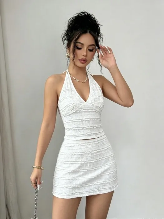 Fashionable Comfortable Texture Fabric Halter Neck Top And Skirt Two-Piece Set New Arrival Women's Elegant Style Casual Wear
