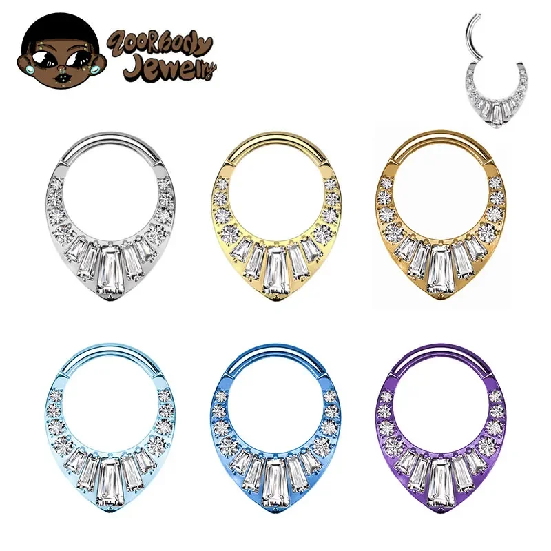 ASTM F136 Titanium Teardrop Hinged Piercing Septum 16G Nose Ring Clicker Ear Daith Helix Grand Tiara CZ Luxurious Body Jewelry