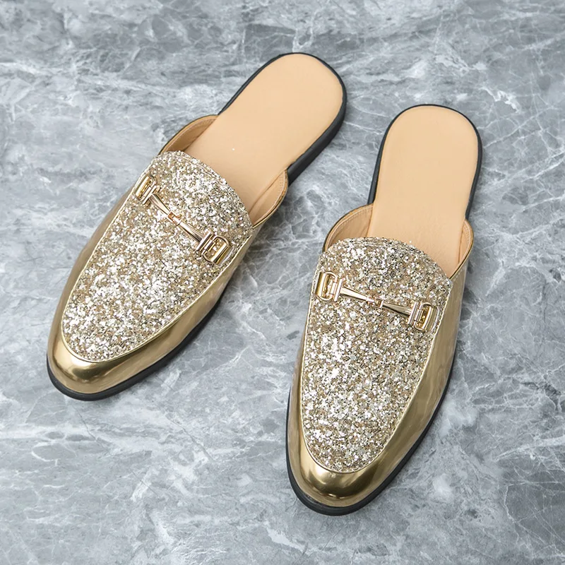 New Luxury Designer Men's Casual Bling Leather Loafers Italian for Men Half Shoes Mules Male Black Slides Business Slippers