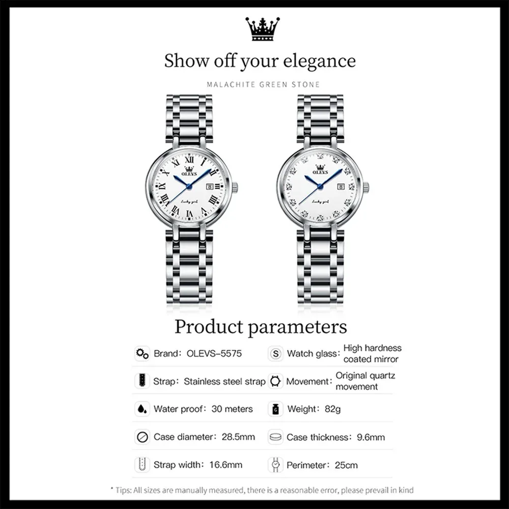 OLEVS Luxury Quartz Woman Watch Stainless Steel Strap Women\'s Wrist Watch Roman Dial Waterproof Replica Watch for Women Gift Set