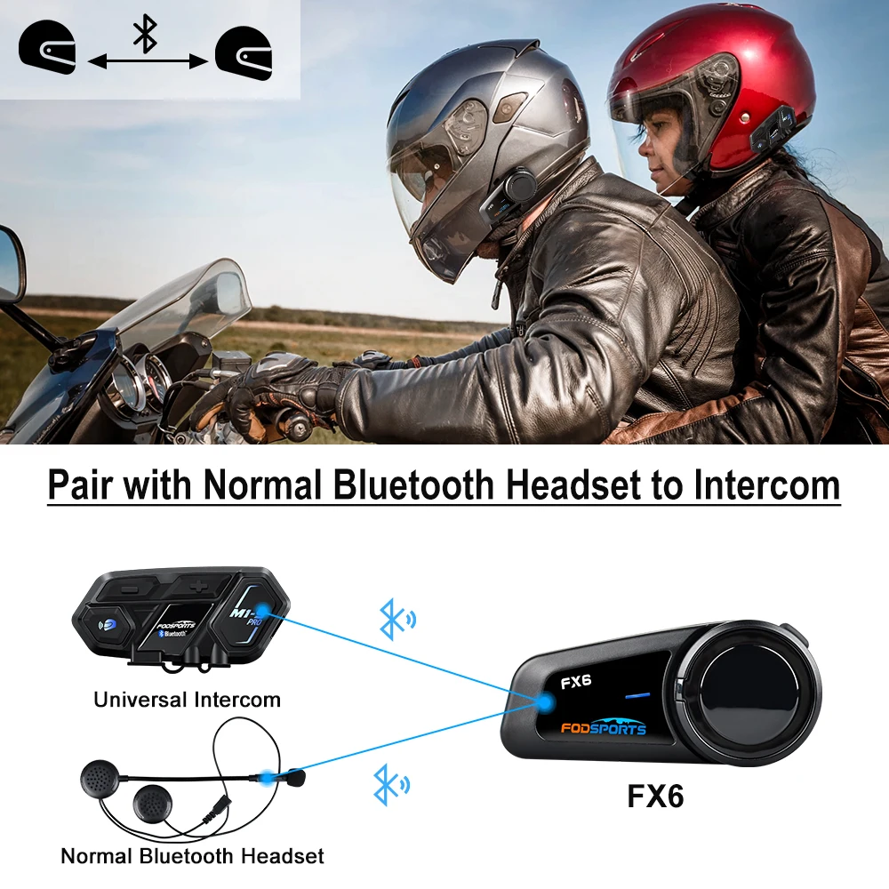 Fodsports 2 piezas FX6 Casco Intercomunicador Casco de motocicleta Auriculares Bluetooth 1000m Grupo BT 5.0 Interfono con radio FM, admite 6