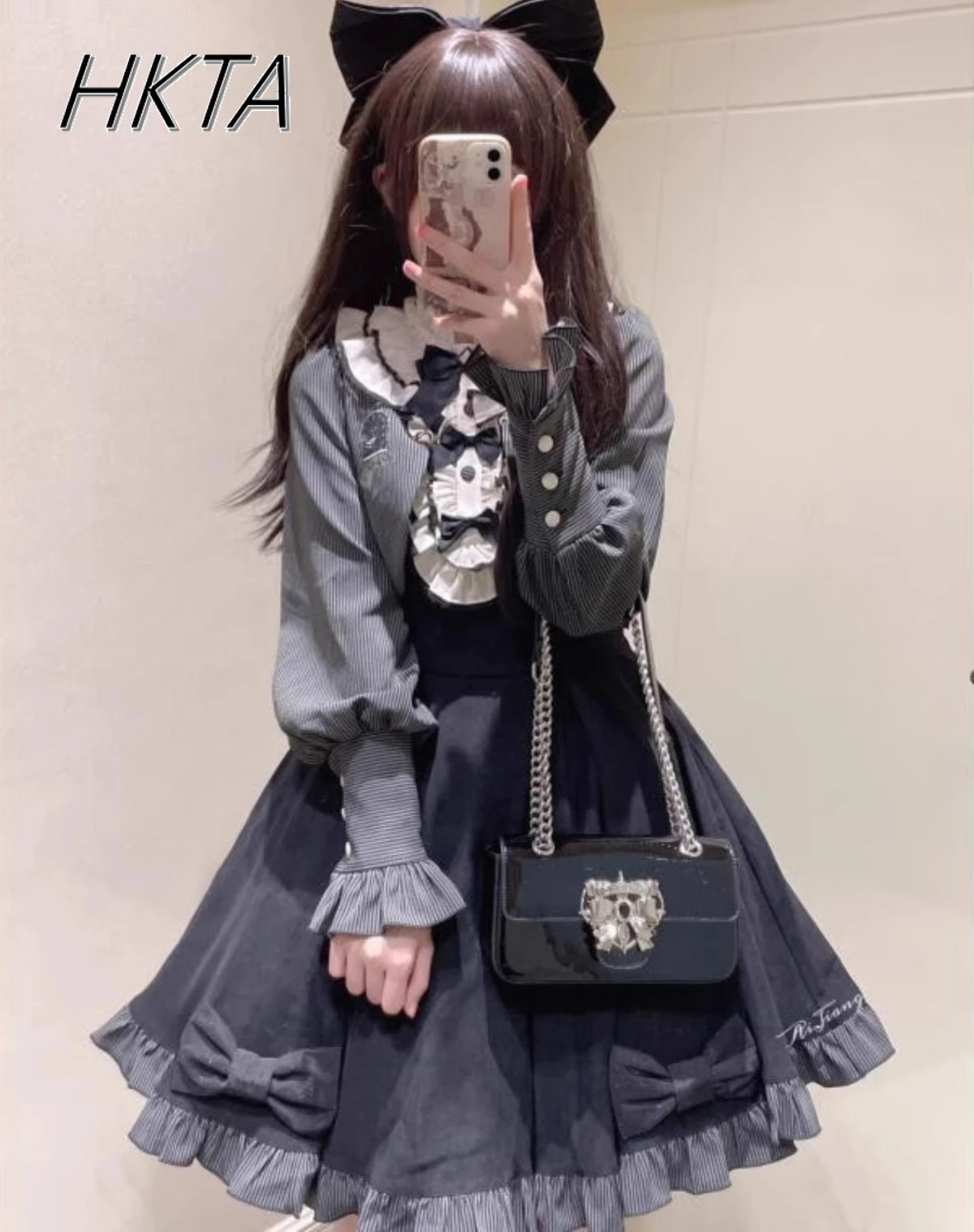 

Japanese Lolita Sweet Cute Girl Retro Elegant Long Sleeved Shirt Top Jacket Sweet Bow Waist Princess Dress Women Two Peice Sets