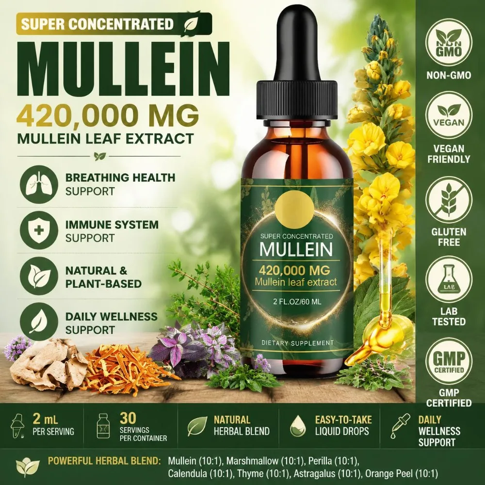 Mullein Leaf Extract Drops 60ml - Super Concentrated 10:1 with Marshmallow Calendula Thyme - Daily Herbal Support Non-GMO Vegan