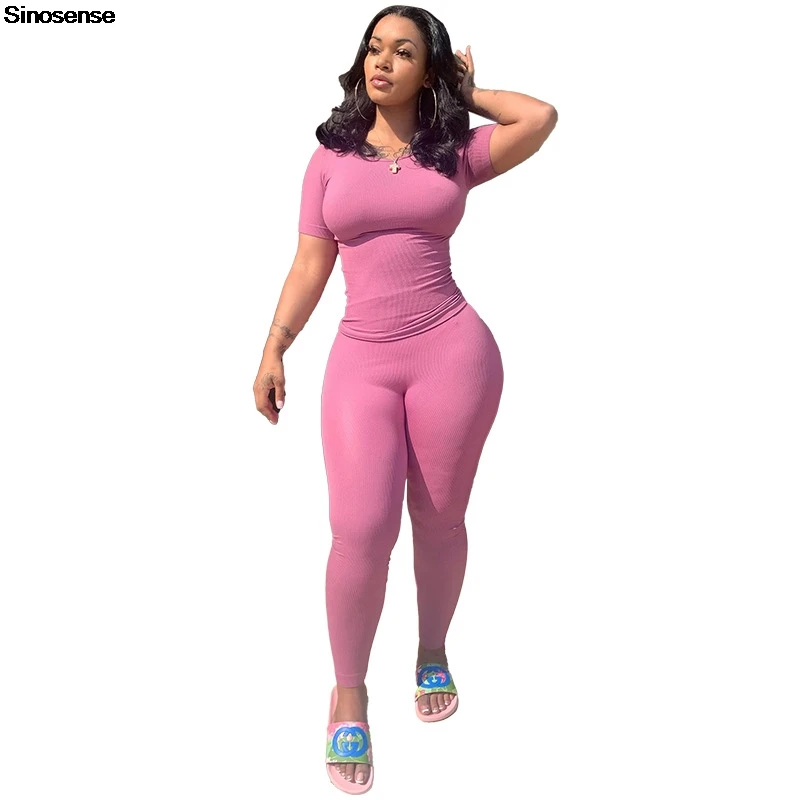 Sexy Knitted Ribbed 2 Two Piece Set Tracksuit Women Short Sleeve T Shirt+Leggings Matching Suits Workout Sports Stretchy Outfits