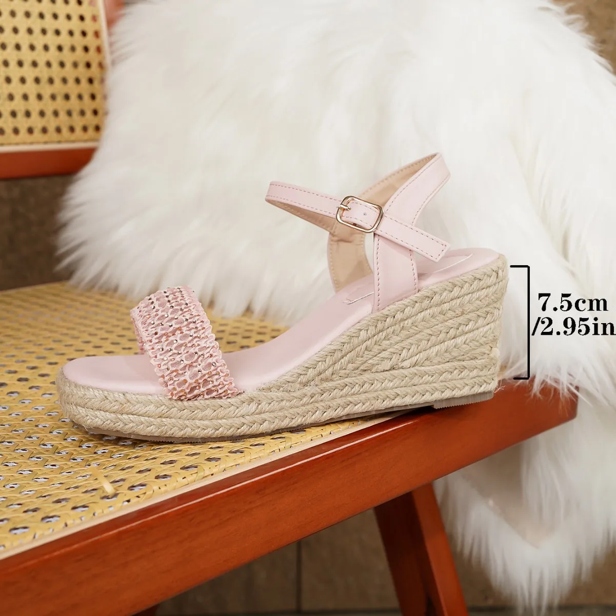 Bohemian Style Hollow out Weave Mesh Summer High Heels Comfortable Slope Heel Sandals Versatile Fish Mouth Shape PU Material