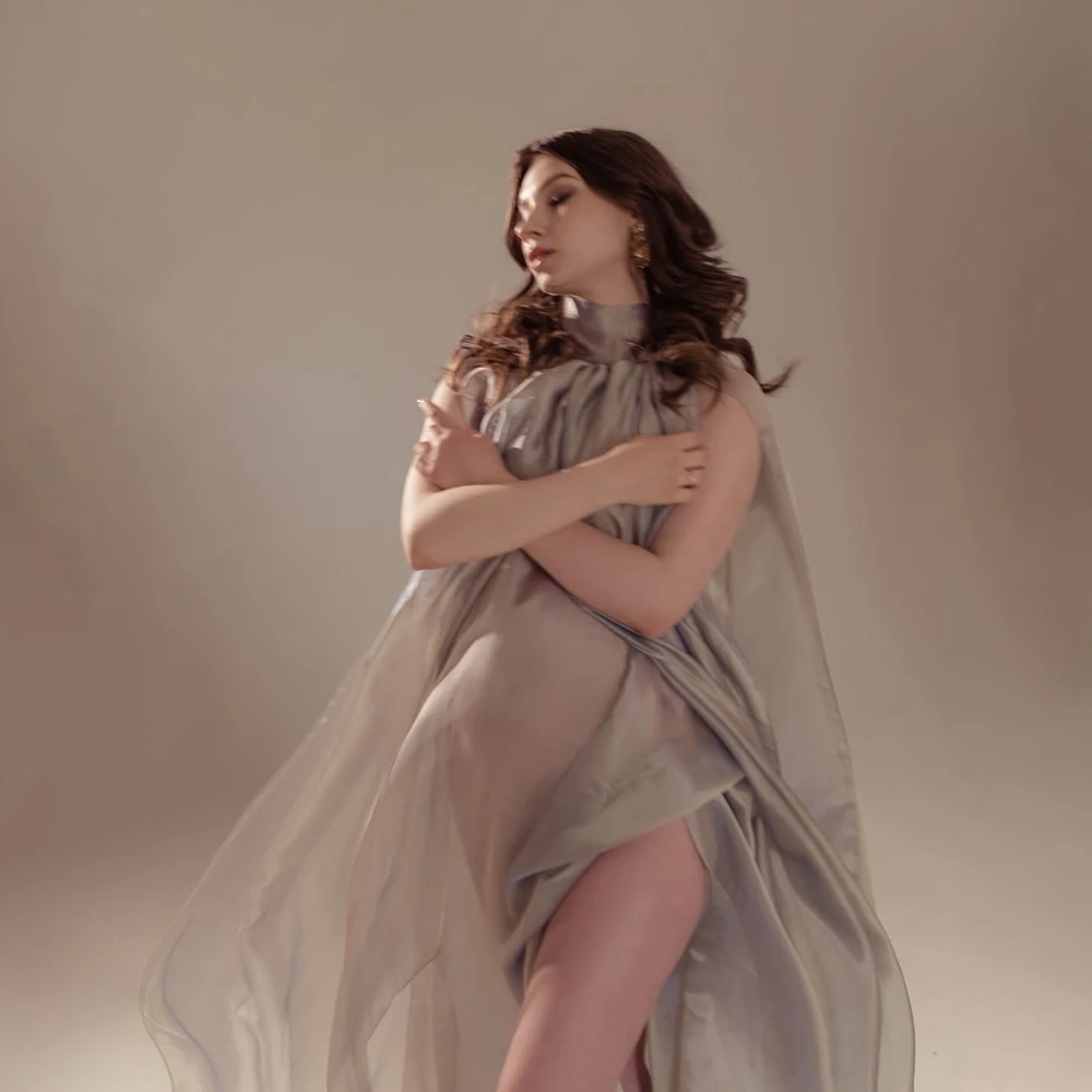 Elegant High Neck Maternity Photography Props Sheer Organza Pregnant Photo Shoot Clothes Studio Posing Gown Wrap view 4