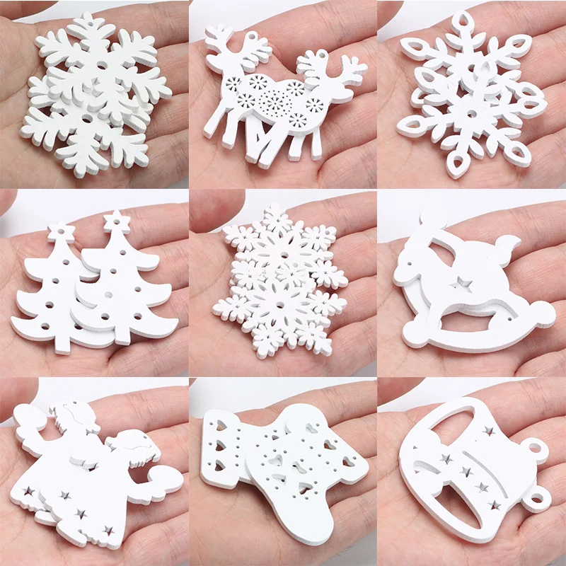 10 sztuk białe drewno ozdoby choinkowe z otworami Angel Deer Snowflake Snowman choinka Tag Craft dekoracje wiszące