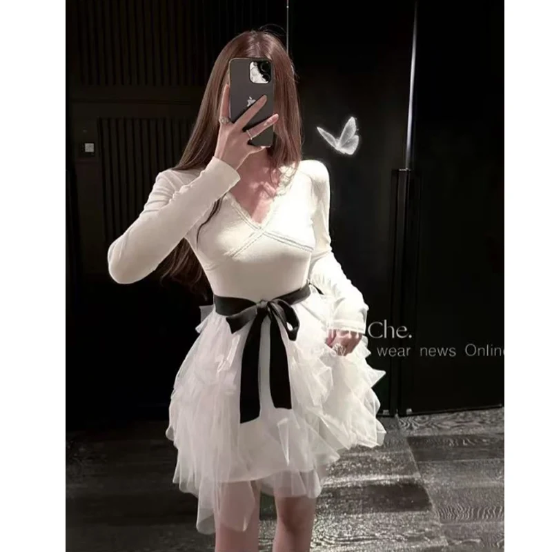 

Платье принцессы на день рождения во французском стиле, весенне-осеннее женское вязаное кружевное сетчатое платье с бантом и длинными рукавами, модные милые вечерние платья