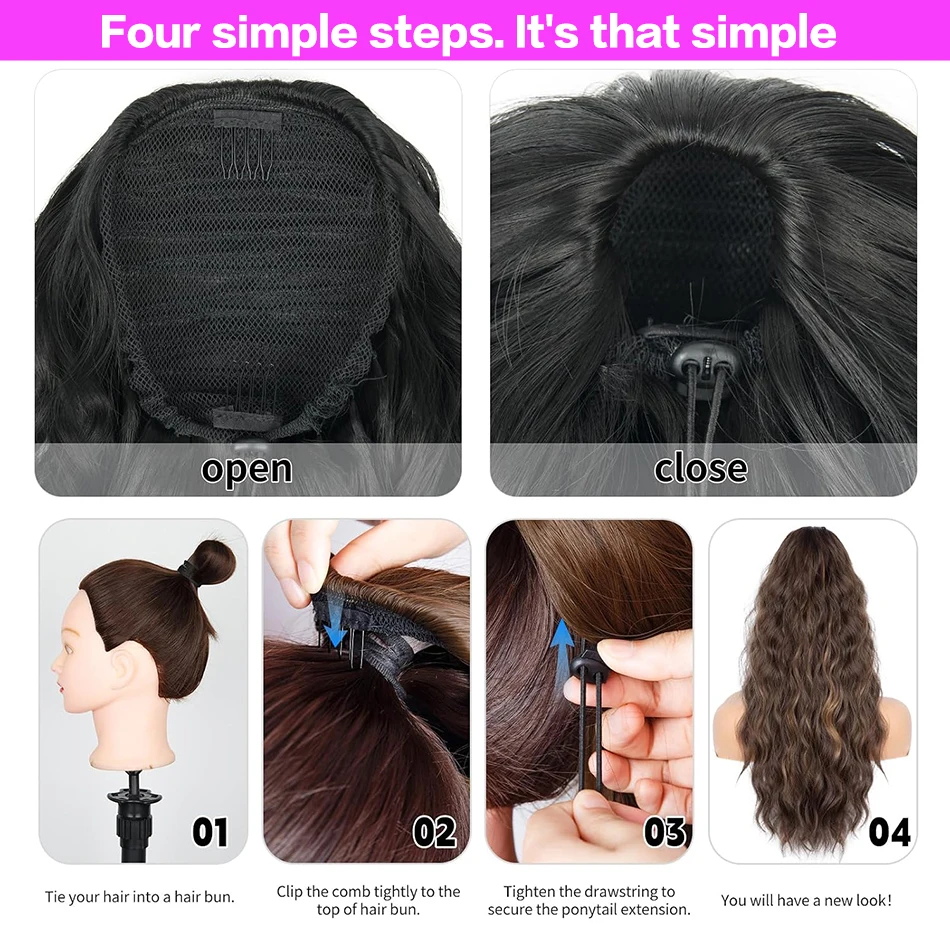 Water Wave Drawstring Ponytail 100% Remy Human Hair 14-28 Inch 80-160g Wrap Around Clip In Quick Styling Natural Color for Women view 6