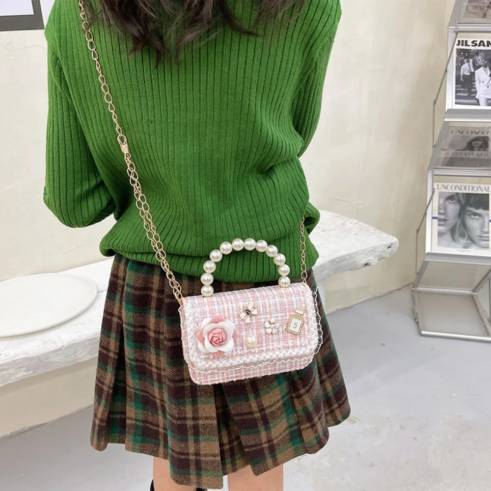 New Flower Decoration Small Square Bag Pearl Handle Mini Crossbody Bags Korean Style Kid's Handbag Children
