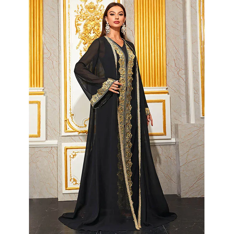 Black abaya muslim woman dubai clothing 2024 Elegant modest two pieces set arabic turkey Embroidery Party long maxi dress