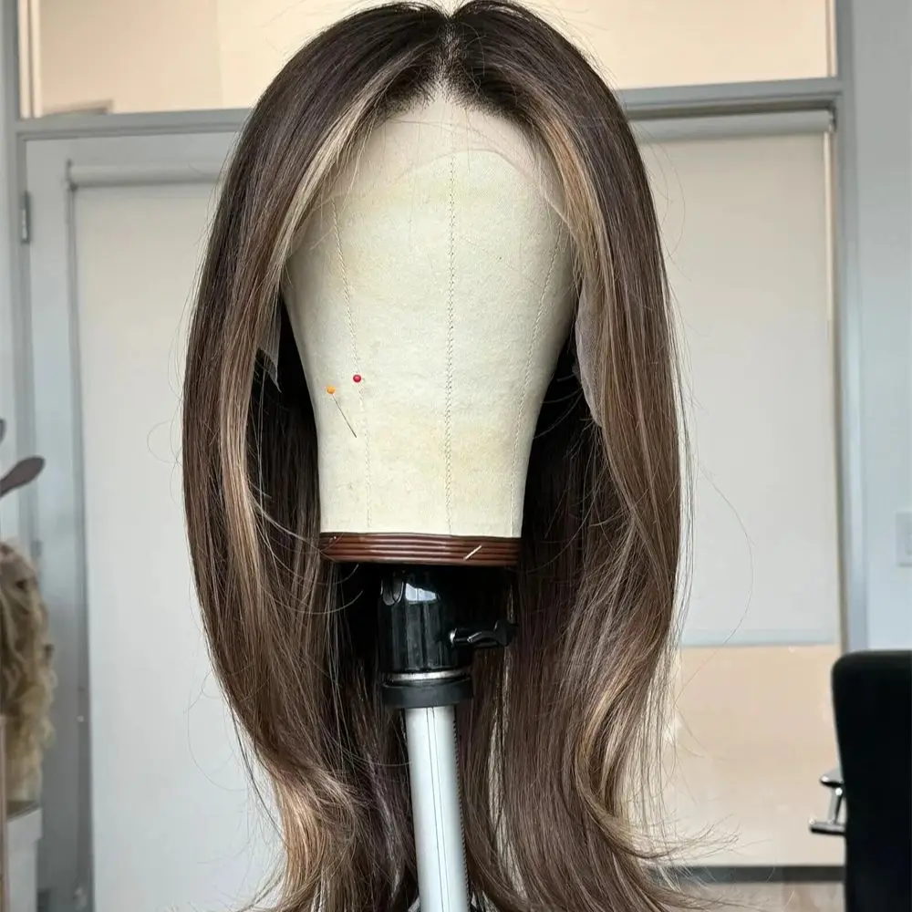 Layered 26“ Glueless Highlight Brown5x5 Silk Base Straight Jewish Human Hair Wig With Baby Hair HD Lace European Hair Preplucked