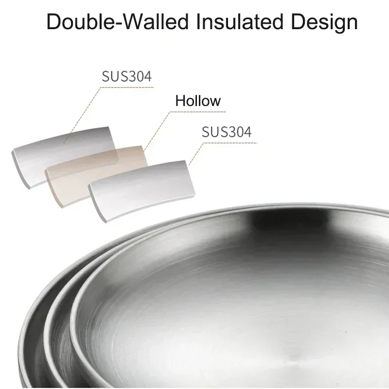 4Pcs/Set 304 Stainless Steel Round Plates, Double-Walled Insulated Dinner Plate, Plates for Snack, Dishes and Fruit