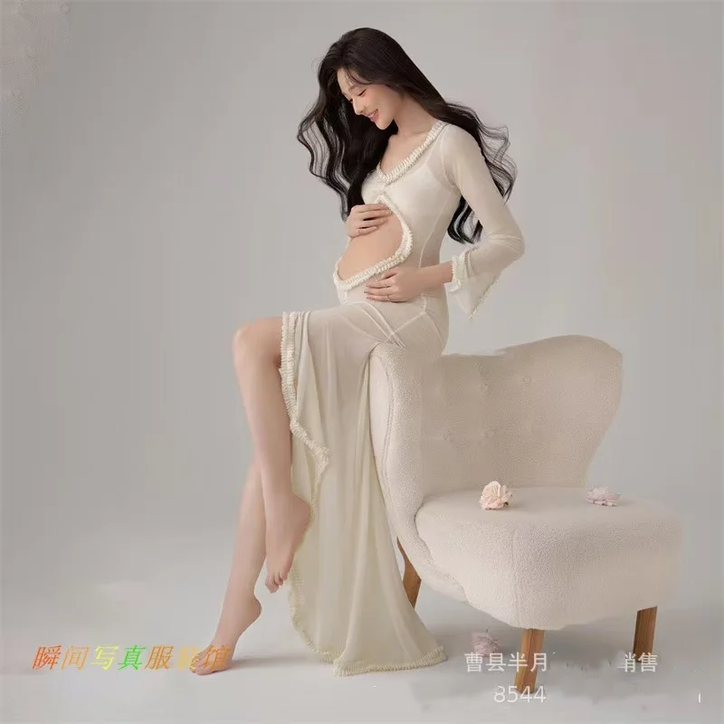 Maternity Dress Gown For Photo Shoot Sexy Transparent Ruffle Pregnant Woman Belly Hollowed Out Long Sleeved Baby Shower Dress