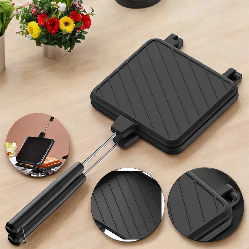 Versatile Double Sided Non Stick Aluminum Alloy Flip Grill Pan with Handle for Cooking Sandwiches, Toasts, and BBQ - Kitchen Coo