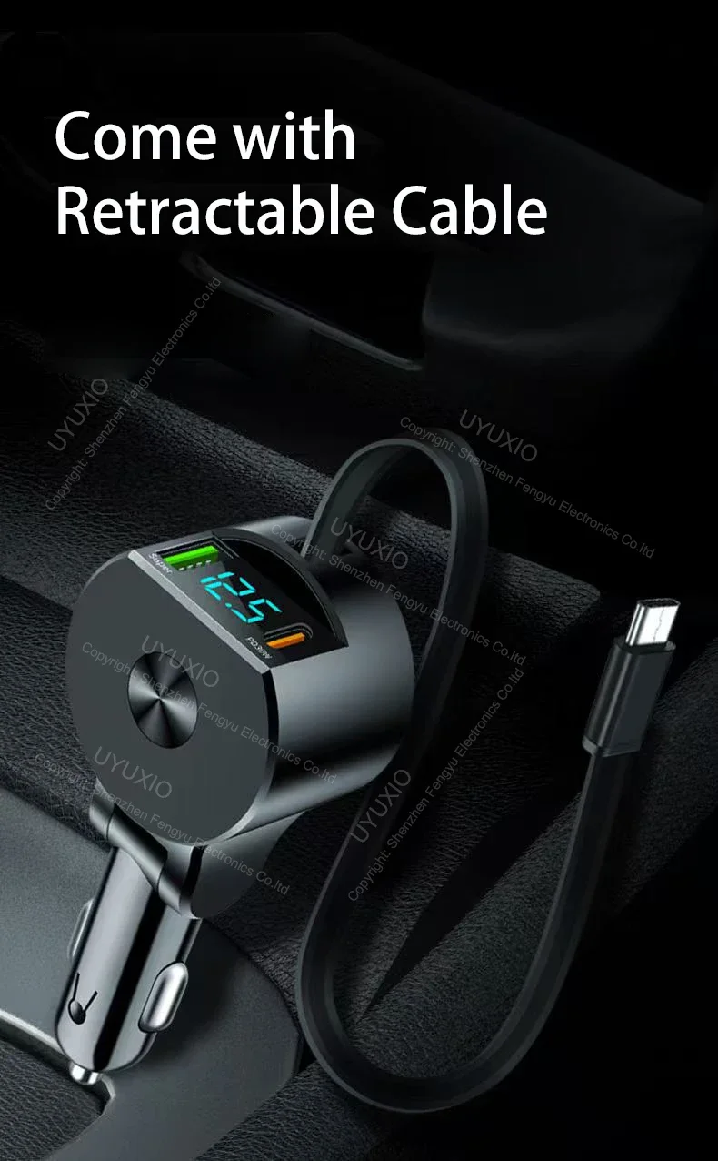 USB C Car Charger 65W Super Fast Charge with Voltage Display PD 30W Retractable Type C Cable for iPhone 16 Pro Max 15 Samsung